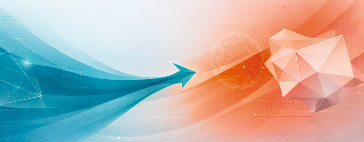 Abstract blue-to-orange gradient banner with sweeping wave forms, directional arrow, and geometric polygon shapes representing IMTEC® dental implant innovation and Park Dental Research's new chapter