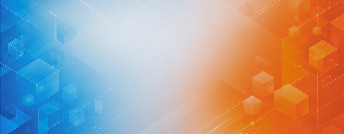 Abstract blue-to-orange gradient banner with 3D isometric cubes and geometric blocks representing the founding vision and origin story of Park Dental Research