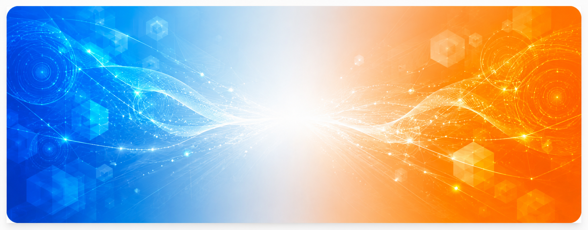 Abstract blue-to-orange gradient banner with sweeping helix wave forms, spiral elements, and diamond shapes representing the progression from OEM manufacturing to Park Dental Aligners
