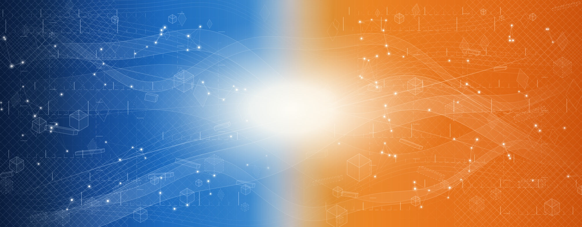 Abstract blue-to-orange gradient banner with flowing wave forms, diamond lattice patterns, and technical line work representing digital manufacturing and 3D printing precision