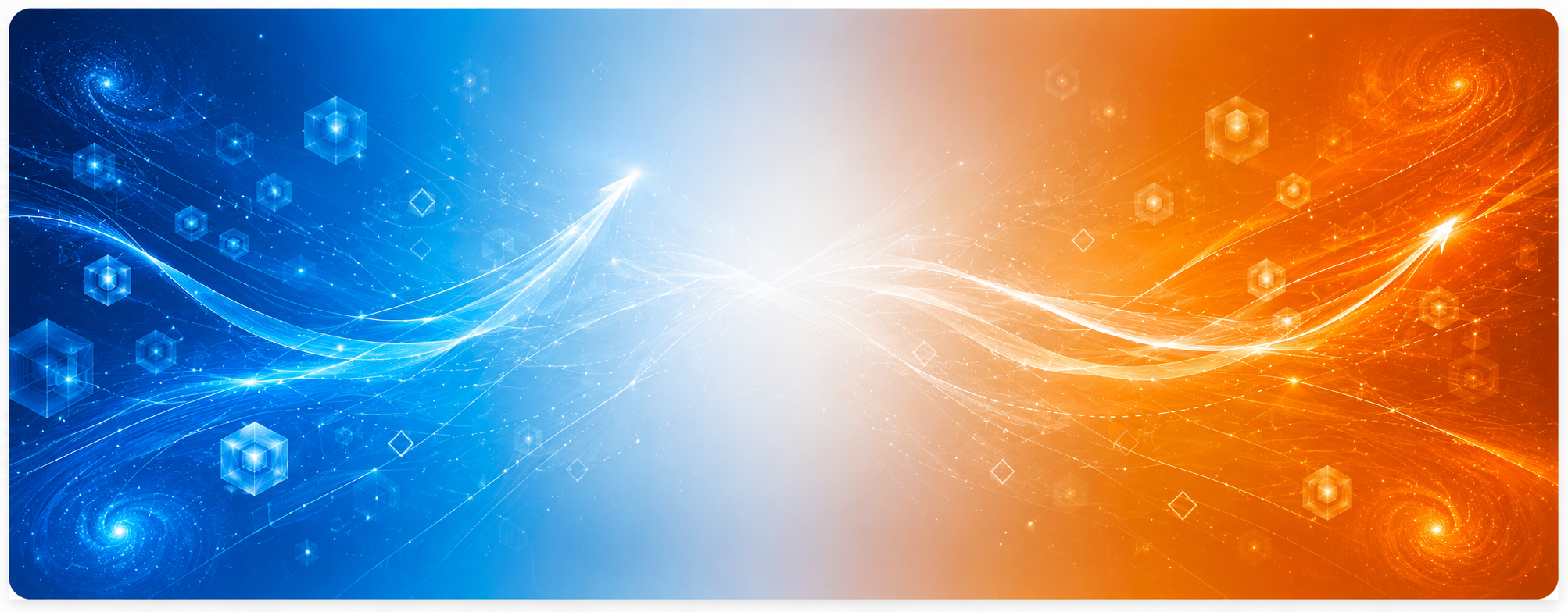 Abstract blue-to-orange gradient banner with branching pathway structures, converging arc segments, and glowing node networks representing the leadership transition from Jack Wimmer to Dr. Bulard at Park Dental Research