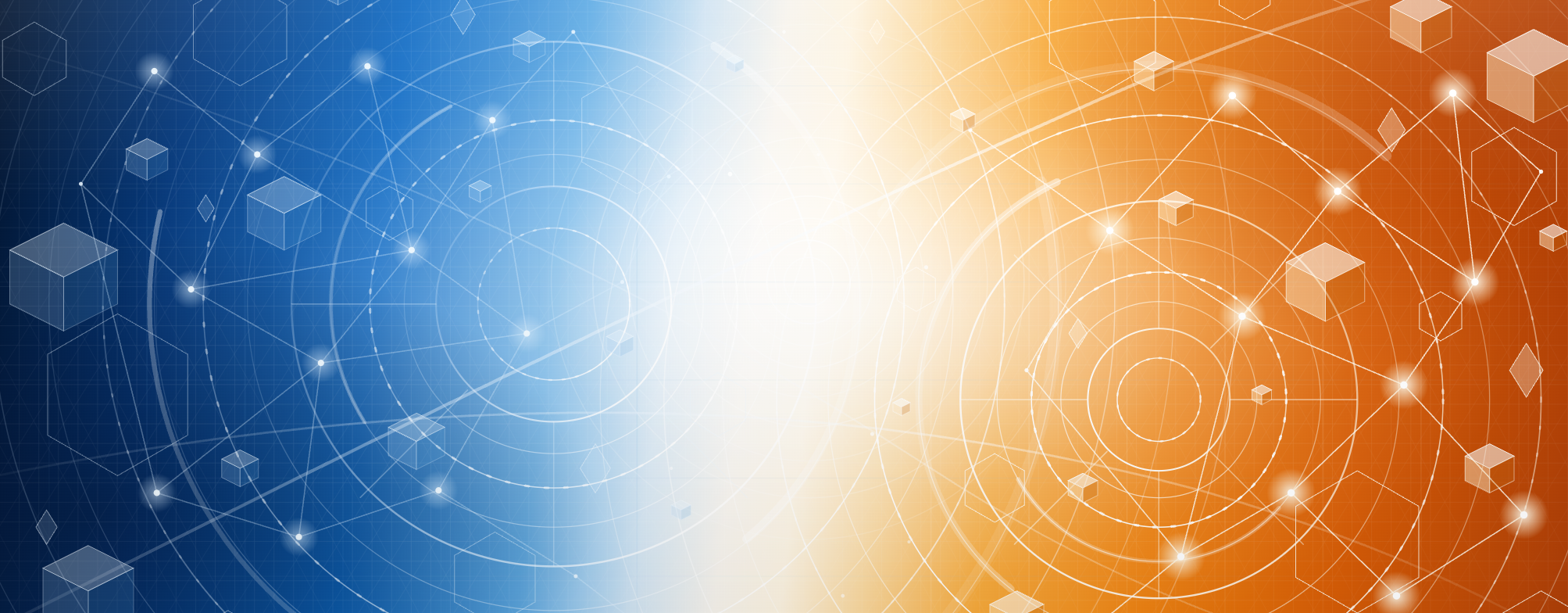 Abstract blue-to-orange gradient banner with concentric ring patterns, geometric cubes, and glowing node networks representing CT scanning technology and the FlashCT aligner manufacturing lineage