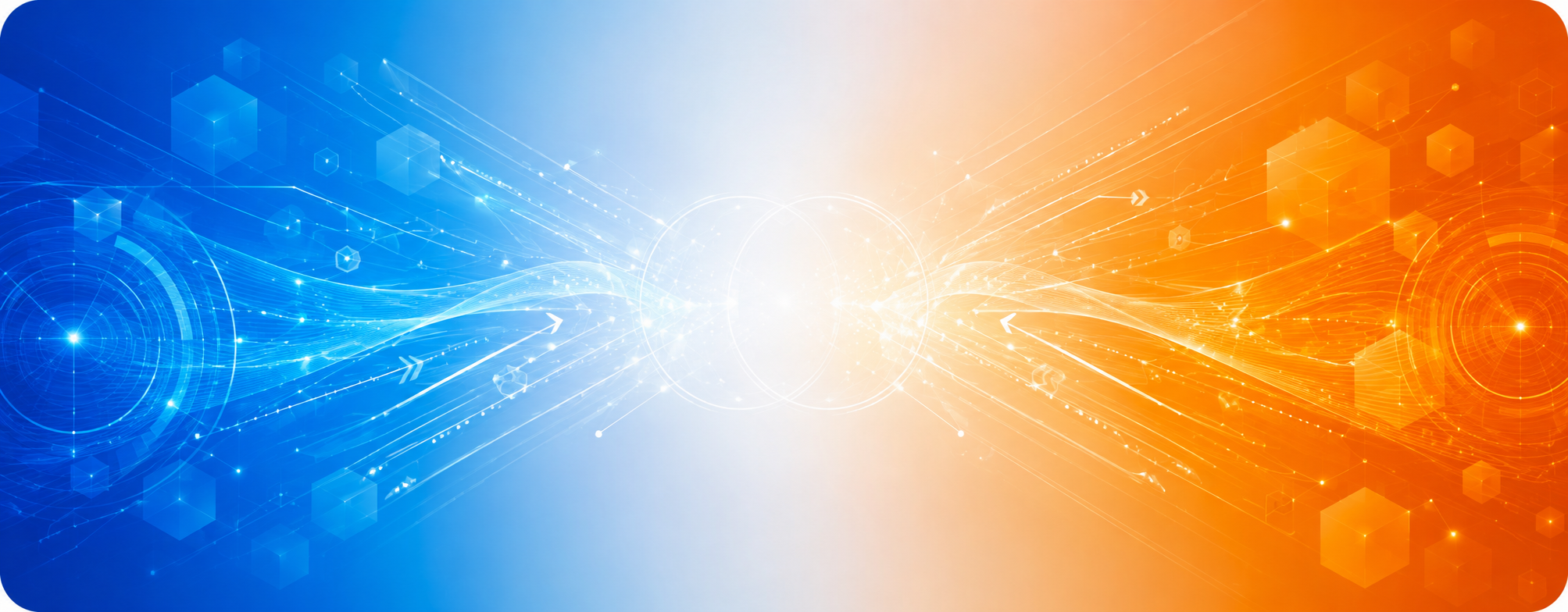 Abstract blue-to-orange gradient banner with converging chevron forms, interlocking ring clusters, and glowing node networks representing the Orchestrate 3D partnership and digital workflow integration at Park Dental Research