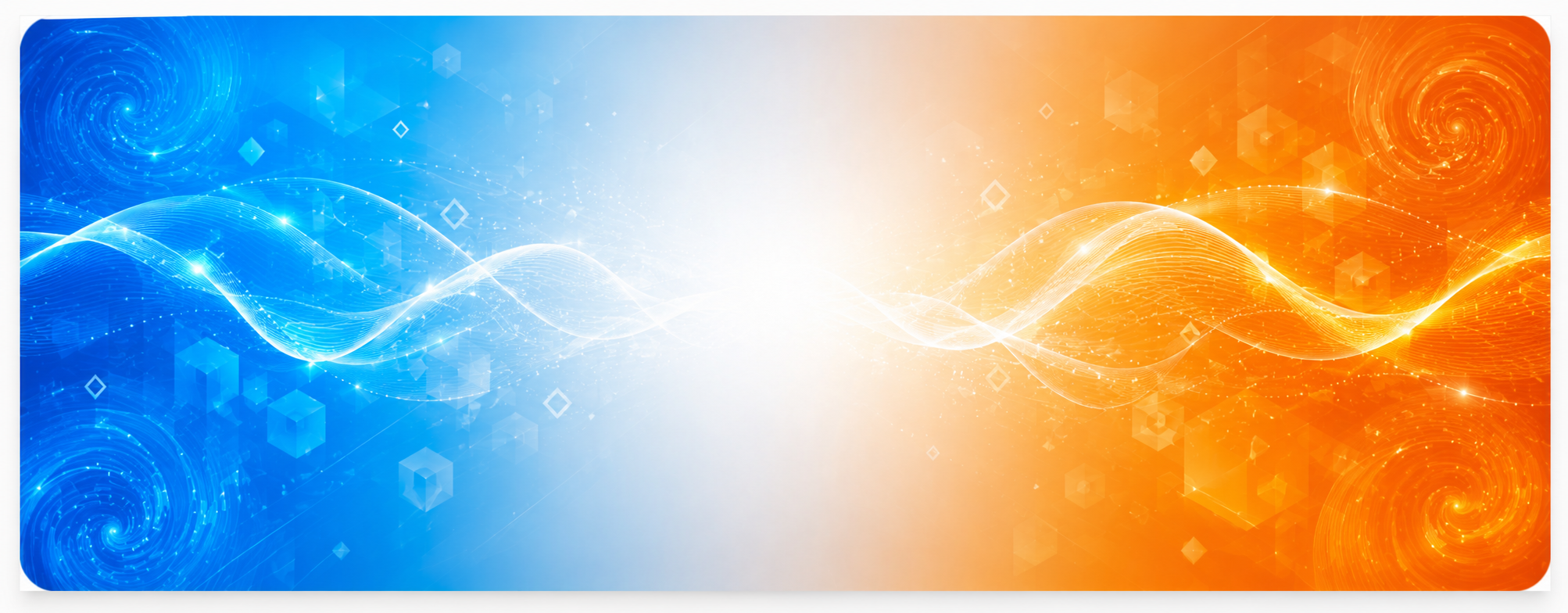 Abstract blue-to-orange gradient banner with 3D modular cubes, hexagonal grid patterns, and glowing node networks representing OEM aligner manufacturing scale and precision